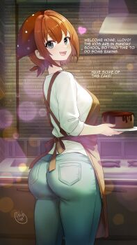 1girl absurdres ao_no_kiseki apron artist_name ass ass_focus bob_cut brown_apron brown_hair cake chocolate_cake commentary commission denim double-parted_bangs dreadpunk eiyuu_densetsu english_commentary english_text food green_eyes heart highres holding holding_plate huge_ass indoors jeans kitchen long_sleeves looking_at_viewer noel_seeker pants plate second-party_source short_hair solo zero_no_kiseki