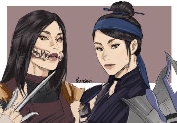 2girls by18454849 hair_bun highres holding holding_weapon kitana long_hair looking_at_viewer mileena_(mortal_kombat) mortal_kombat_(series) mortal_kombat_11 mortal_kombat_x multiple_girls sharp_teeth siblings sisters teeth weapon