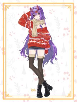 1girl absurdres akuma_nihmune black_boots black_thighhighs blue_shorts boots border closed_mouth commentary denim denim_shorts english_commentary full_body fur-trimmed_thighhighs fur_trim hair_ornament highres horns indie_virtual_youtuber lace-up_boots long_hair long_sleeves ornate_border purple_eyes red_horns red_sweater scarf shorts signature smile solo standing star_(symbol) star_hair_ornament sweater thighhighs virtual_youtuber xarakura_xara yellow_scarf