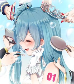 1girl absurdres applying_another's_makeup applying_makeup aqua_hair arm_tattoo blue_nails blush brushing_hair commentary_request fingernails gloves hair_brush hatsune_miku highres holding holding_brush kagamine_len kagamine_rin kaito_(vocaloid) long_hair long_sleeves makeup makeup_brush meiko_(vocaloid) nail_polish number_tattoo open_mouth red_nails smile solo_focus tattoo touka_haru very_long_hair vocaloid white_gloves white_tiara yellow_nails