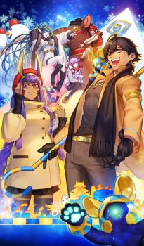 &gt;:) 2boys 3girls adjusting_eyewear alexander_(fate) alexander_(winter_thanksgiving_festival)_(fate) aqua_hair armpits azusa_(hws) belt bespectacled black_boots black_gloves black_scarf black_shirt black_skirt black_sweater black_thighhighs blue_background blunt_bangs boots braid breasts brown_boots brown_coat brown_hair brown_jacket brown_pants brown_shorts buttons check_commentary cleopatra_(fate) cleopatra_(winter_thanksgiving_festival)_(fate) closed_mouth coat commentary commentary_request cowboy_shot creature dark-skinned_female dark-skinned_male dark_skin diffraction_spikes dress earmuffs earrings eye_of_horus fate/grand_order fate_(series) fou_(fate) fur-trimmed_boots fur_trim glasses gloves gold_belt gold_earrings grey_jacket hair_between_eyes hair_over_one_eye happy high_ponytail holding holding_staff hoop_earrings horse jacket jewelry long_hair long_sleeves looking_at_viewer mash_kyrielight medium_breasts midriff_peek miniskirt multiple_boys multiple_girls necklace nitocris_(fate) nitocris_(winter_thanksgiving_festival)_(fate) official_art one_eye_closed open_clothes open_coat open_mouth orange_coat oversized_object ozymandias_(fate) ozymandias_(winter_thanksgiving_festival)_(fate) pants pantyhose pectoral_cleavage pectorals pink_eyes ponytail popped_collar puffy_long_sleeves puffy_sleeves purple_hair pyramid_(structure) ramesseum_tentyris red-framed_eyewear red_hair red_jacket red_nails red_scarf scarf shirt short_dress short_hair shorts sidelocks single_braid sitting skirt sleeveless sleeveless_dress smile snowflake_background snowman sparkle sphinx_awlad staff standing stuffed_animal stuffed_toy sweater thighhighs third-party_source v-shaped_eyebrows very_long_hair white_coat white_dress white_pantyhose winter winter_clothes winter_coat yellow_eyes