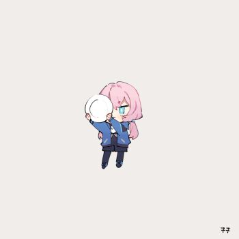 1girl :&lt; animated animated_gif arknights black_pantyhose black_shoes black_shorts blue_eyes blue_jacket blue_poison_(arknights) blush broken_plate chibi closed_eyes closed_mouth commentary english_commentary full_body grey_background hair_between_eyes highres holding holding_plate jacket long_hair long_sleeves low_twintails open_clothes open_jacket pantyhose pantyhose_under_shorts pink_hair plate ruri_(dailybloopy) shirt shoes short_shorts shorts simple_background solo twintails very_long_hair white_shirt