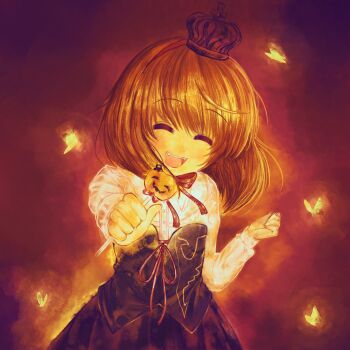 1girl bug butterfly candy closed_eyes commentary crown dress english_commentary facing_viewer fangs food halloween highres holding holding_candy holding_food holding_lollipop insect jack-o&#039;-lantern lollipop long_hair long_sleeves mini_crown open_mouth orange_hair seacatscrying shaped_lollipop smile solo umineko_no_naku_koro_ni ushiromiya_maria