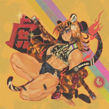 1girl 2022 abs animal_ears animal_print bandaged_leg bandages black_hair bun_cover character_hair_ornament chinese_zodiac colored_tips crop_top denim denim_shorts eyeliner eyeshadow fire full_body hagoromo hair_bun hair_ornament hand_up highres holding holding_staff jacket keziedra looking_at_viewer makeup medium_hair micro_shorts midriff multicolored_hair muscular muscular_female off-shoulder_jacket off_shoulder on_one_knee orange_hair original print_jacket shawl shirt shorts single_hair_bun sleeveless sleeveless_shirt solo sparkle squatting staff striped_hair tail tiger_ears tiger_girl tiger_print tiger_stripes tiger_tail torn_clothes torn_shorts two-tone_hair weapon wolf_cut year_of_the_tiger