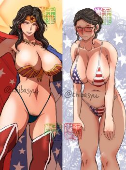 1girl american_flag american_flag_bikini american_flag_print armpit_hair bikini black_hair blush breasts chiba_shuusaku cleavage commentary_request dc_comics diana_prince dual_persona female_pubic_hair flag_print flag_print_bikini glasses large_breasts long_hair looking_at_viewer micro_bikini navel panties print_bikini pubic_hair pubic_hair_peek simple_background solo superhero_costume swimsuit twitter_username underwear wonder_woman wonder_woman_(series)