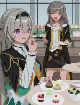 2girls aqua_dress black_coat black_jacket black_skirt blue_pupils blush cake coat cropped_jacket dress firefly_(honkai:_star_rail) food food_in_mouth fork gradient_eyes highres holding holding_fork holding_plate honkai:_star_rail honkai_(series) jacket long_sleeves miniskirt multicolored_eyes multiple_girls neckerchief open_clothes open_coat open_mouth orange_neckerchief plate shirt skirt smile stelle_(honkai:_star_rail) teeth toki78288809 trailblazer_(honkai:_star_rail) upper_teeth_only white_shirt white_sleeves