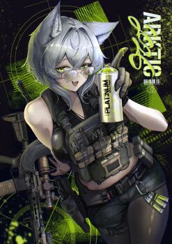 1girl 2026 absurdres ammunition_pouch animal_ear_fluff animal_ears arktic arm_support artist_name assault_rifle aviator_glasses barcode bare_shoulders belt black_belt black_shorts black_vest breasts buckle bulletproof_vest carabiner collarbone commentary cowboy_shot english_commentary fang foregrip gloves glowstick green_eyes grey_hair gun hair_intakes handgun highres holding holding_spray_can holding_weapon holster kac_sr-15 large_breasts laser_sight load_bearing_vest long_hair looking_at_viewer magazine_(weapon) military notepad optical_sight original paint_splatter paint_splatter_on_face pantyhose pen pouch red_dot_sight rifle scope shorts sidelocks signal_(arktic) signature single_glove skin_fang smile snap-fit_buckle solo spray_can staccato_2011 sunglasses tactical_clothes teeth thigh_strap thighs vest walkie-talkie weapon