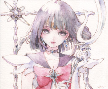 12yun30 1girl bishoujo_senshi_sailor_moon bow bowtie brooch choker commentary commentary_request earrings elbow_gloves glaive_(polearm) gloves head_tilt holding jewelry large_bow looking_at_viewer painting_(medium) pink_bow pink_bowtie pink_lips polearm purple_choker purple_eyes purple_hair purple_sailor_collar sailor_collar sailor_saturn sailor_senshi_uniform short_hair signature silence_glaive smile solo star_(symbol) star_brooch star_choker tomoe_hotaru traditional_media watercolor_(medium) white_background white_gloves