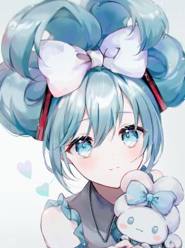 Rule 34 | 1girl, 1other, aqua eyes, aqua hair, aqua necktie, aqua trim, bow, cinnamiku, cinnamoroll, commentary request, creature, detached sleeves, fuwa fuwa cinnamoroll, grey shirt, hair between eyes, hair bow, hair ornament, hatsune miku, highres, hug, long hair, looking at another, necktie, sanrio, shirt, sleeveless, sleeveless shirt, syana alice, tattoo, twintails, upper body, very long hair, vocaloid, white background