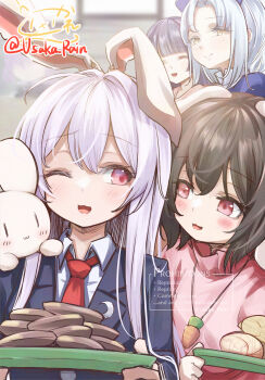 4girls animal_ears black_hair black_jacket blazer blush carrot_necklace collared_shirt commentary_request cookie crescent crescent_pin food grey_hair highres houraisan_kaguya inaba_mob_(touhou) inaba_tewi jacket jewelry long_sleeves looking_at_another multiple_girls necklace necktie one_eye_closed open_mouth pink_eyes rabbit rabbit_ears rabbit_girl red_necktie reisen_udongein_inaba shirt short_hair signature smile touhou upper_body usaka_ray watermark white_shirt yagokoro_eirin yellow_eyes |_|