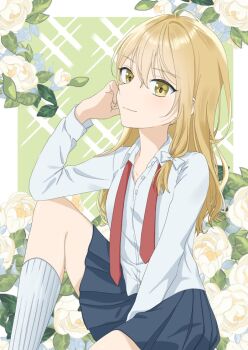 1girl alternate_costume blonde_hair blue_skirt bow braid closed_mouth commentary_request commission flower flower_request hair_bow kirisame_marisa kneehighs long_hair long_sleeves necktie no_headwear pleated_skirt red_necktie school_uniform shirt side_braid single_braid skeb_commission skirt smile socks solo touhou tsuno_no_hito undone_necktie white_bow white_flower white_shirt white_socks yellow_eyes