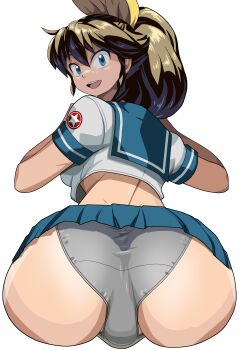 1girl absurdres ass ass_mousepad belt black_gloves blue_eyes blue_skirt bow brown_hair commission cropped_legs crotch_seam fat_mons fingerless_gloves gloves grey_panties hair_between_eyes hair_bow highres long_hair looking_back m.u.g.e.n median_furrow midriff mousepad_(medium) oggy_(oggyoggy) open_mouth original panties pleated_skirt ponytail ryuko_(oggyoggy) school_uniform serafuku short_sleeves skeb_commission skirt solo source_request transparent_background trefoil underwear yellow_bow