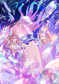 1girl a-ton absurdres blue_hair breasts chinese_commentary commentary_request cyrene_(demiurge)_(honkai:_star_rail) cyrene_(honkai:_star_rail) dress flower full_body gradient_hair hair_flower hair_ornament high_heels highres honkai:_star_rail honkai_(series) long_hair mem_(honkai:_star_rail) multicolored_eyes multicolored_hair pink_hair pointy_ears purple_eyes purple_hair solo white_dress