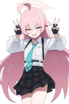 1girl ahoge aqua_necktie black_gloves black_skirt blue_archive blue_eyes blue_necktie blush chest_harness collared_shirt cowboy_shot double_v fang fingerless_gloves gloves hair_between_eyes halo harness heterochromia highres hoshino_(blue_archive) long_hair long_sleeves looking_at_viewer metaphor_for_4 necktie open_mouth pink_hair pink_halo plaid_clothes plaid_skirt pleated_skirt shirt simple_background skin_fang skirt smile solo v very_long_hair white_background white_shirt yellow_eyes