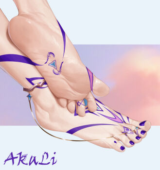 1girl anklet barefoot barefoot_sandals_(jewelry) blurry blurry_background close-up feet foot_focus greek_toe jewelry liang_mu nail_polish out_of_frame purple_nails soles solo tattoo toe_ring toenail_polish toenails toes