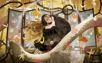 1girl ambrosia_(dungeon_meshi) animal artist_name black_dress black_hood blonde_hair book_print carrot_print castle_print circle_skirt commentary compass_print cross-laced_clothes cross-laced_dress cutlery detached_sleeves dress dungeon_meshi ear_covers elf english_commentary feathered_wings folding_screen food_print fork fur-trimmed_sleeves fur_trim giant_snake green_eyes highres holding holding_staff kitchen_knife knife long_hair looking_at_viewer looking_up marcille_donato marcille_donato_(lord) molli_hu mushroom oversized_animal pointy_ears snake solo spoon staff strapless strapless_dress very_long_hair winged_animal wings