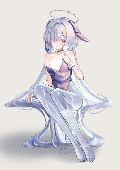 1girl absurdres animal_ears bare_shoulders barefoot breasts choker chuvi_y cleavage collarbone colored_eyelashes commentary covered_navel droopy_ears eyes_visible_through_hair fake_animal_ears feet full_body grey_background grey_hair hair_intakes hair_ornament hair_over_one_eye halo highres invisible_chair leotard long_hair mornye_(wuthering_waves) purple_choker purple_leotard rabbit_ears red_eyes see-through_body simple_background sitting small_breasts solo strapless strapless_leotard symbol-only_commentary toes very_long_hair wuthering_waves