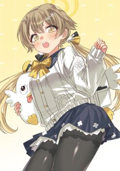 Rule 34 | 1girl, absurdres, bag, black pantyhose, blue archive, cardigan, commentary request, hair ornament, halo, hifumi (blue archive), highres, holding, holding stuffed toy, long hair, looking at viewer, low twintails, namaniku (user nxxf7457), open mouth, pantyhose, peroro (blue archive), solo, stuffed animal, stuffed bird, stuffed toy, teeth, twintails, upper teeth only, white bag, white cardigan, wing hair ornament, yellow halo