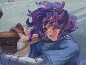 1girl absurdres bandaged_arm bandaged_chest bandaged_neck bandages boku_no_hero_academia clenched_teeth highres hospital_gown lady_nagant multicolored_hair pink_hair purple_eyes purple_hair rain scar scar_on_face short_hair teeth yomoyama_yotabanashi