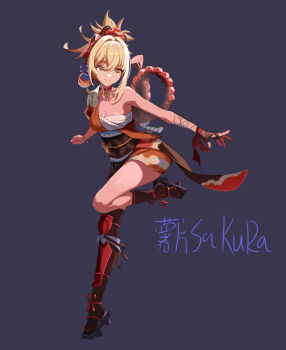 1girl asymmetrical_hair asymmetrical_legwear bandaged_arm bandages blonde_hair breasts brown_gloves cleavage commentary_request fingerless_gloves full_body genshin_impact geta gloves highres japanese_clothes kimono obi orange_kimono purple_background rope sash shupianxin simple_background single_bare_shoulder single_fingerless_glove solo standing standing_on_one_leg yellow_eyes yoimiya_(genshin_impact)