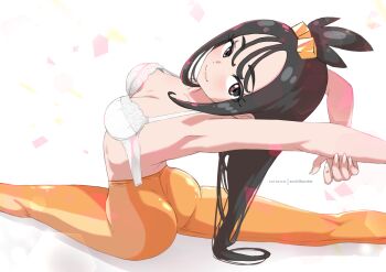 1girl absurdres arched_back armpits artist_name ass black_hair bra breasts closed_mouth cube_hair_ornament eiko_(ecchihunter) eyelashes hair_ornament highres leaning_back leggings lida_(pokemon) long_hair mixed-language_commentary nintendo orange_leggings pokemon pokemon_legends:_z-a sidelocks smile solo split stretching topknot underwear white_background white_bra