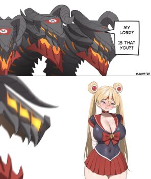 Rule 34 | 1girl, absurdres, alternate costume, alternate hairstyle, arms behind back, azur lane, bishoujo senshi sailor moon, bismarck (azur lane), blonde hair, blue eyes, blush, breasts, character request, choker, cleavage, commentary, cosplay, covered navel, double bun, embarrassed, english commentary, english text, hair between eyes, hair bun, highres, large breasts, long hair, magical girl, pleated skirt, red choker, red skirt, sailor moon, sailor moon (cosplay), skirt, twintails, whitter