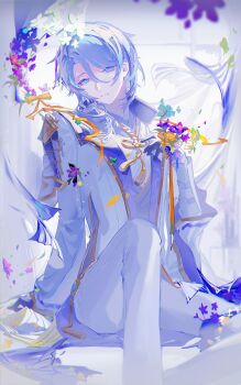 1boy absurdres arm_support armor black_gloves black_vest blue_eyes blue_flower blue_hair byuey closed_mouth curtained_hair feet_out_of_frame flower genshin_impact gloves hair_between_eyes hair_over_shoulder head_tilt high_collar highres jacket japanese_armor japanese_clothes kamisato_ayato kimono knee_up long_hair long_sleeves looking_at_viewer male_focus mole mole_under_mouth orange_flower pants parted_bangs purple_flower shoulder_armor sitting sode solo swept_bangs vest white_flower white_jacket white_kimono white_pants white_sleeves