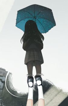 1girl black_shoes devl_ga_aru firefly_(honkai:_star_rail) grey_hair hair_between_eyes highres holding holding_umbrella honkai:_star_rail honkai_(series) long_hair pleated_skirt reflection shoes skirt socks solo umbrella white_socks