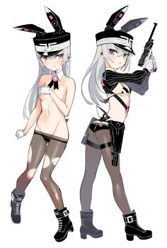 1girl ass boots butt_crack covering_breasts covering_privates groin gun highres pink_eyes samaru_(seiga) tagme weapon