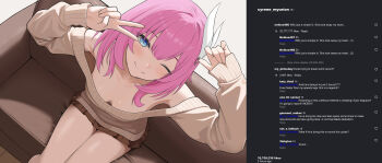 1girl ;) alternate_costume armpits bare_shoulders blue_eyes breasts brown_skirt brown_sweater cleavage commentary couch cyrene_(honkai:_star_rail) english_commentary english_text fake_screenshot hair_ornament highres honkai:_star_rail honkai_(series) mikhdrag on_couch one_eye_closed pink_hair short_hair short_shorts shorts sitting skirt small_breasts smile solo sweater v v_over_eye