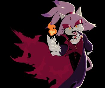 1girl animal_ears arm_behind_back black_background blaze_the_cat blood blood_from_mouth cape cat_ears cat_girl cat_tail fangs fire forehead_jewel furry furry_female highres irregularcloudi purple_fur red_vest solo sonic_(series) sweater_vest tail vampire vampire_costume vest yellow_eyes