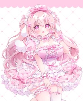 1girl :o animal_ears blush bow breasts buttons center_frills chiika_(cure_cherish) choker cleavage collarbone commentary cowboy_shot cross-laced_clothes cross-laced_dress dated dress food frilled_choker frilled_dress frilled_thigh_strap frilled_wrist_cuffs frills garter_straps hair_bow hair_ornament heart heart_button heart_hair_ornament holding holding_food holding_macaron large_breasts long_hair looking_at_viewer macaron maid_headdress nail_polish open_mouth original pink_bow pink_eyes pink_hair pink_nails puffy_short_sleeves puffy_sleeves rabbit_ears rabbit_girl short_sleeves signature single_garter_strap single_thighhigh solo thick_thighs thigh_strap thighhighs thighs tia_(chiika_cure_cherish) twitter_username two_side_up very_long_hair watermark white_background white_thighhighs white_wrist_cuffs wrist_cuffs