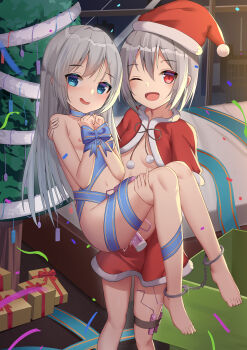 2girls absurdres bdsm bed bondage bound box breasts carrying choker christmas_ornaments christmas_tree gift gift_box grey_hair hat highres hobble kodomo_doushi loli long_hair looking_at_viewer multiple_girls navel nipples nuolin_(amaki-aria) nuoxi_(amaki-aria) object_insertion one_eye_closed open_mouth original princess_carry pussy_juice ribbon ribbon_bondage ribbon_choker santa_costume santa_hat sex_toy short_hair siblings small_breasts smile sweat twins vaginal vaginal_object_insertion vibrator vibrator_in_thigh_strap white_hair witch's_kiss_is_the_smell_of_lily yuri zds