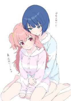 2girls absurdres barefoot blue_eyes blue_hair blush highres hug hug_from_behind kiritani_haruka long_hair long_sleeves loungewear momoi_airi multiple_girls pajamas pink_eyes pink_hair project_sekai scrunchie short_hair shorts simple_background sitting sukunaikoto two_side_up wariza white_background yuri