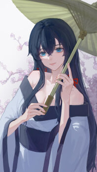 1girl alternate_costume black_hair blue_eyes blue_kimono branch breasts cherry_blossoms cleavage closed_mouth collarbone commentary english_commentary hair_ribbon highres holding holding_umbrella japanese_clothes kimono long_hair long_sleeves looking_at_viewer lucky_strike_(yukiwhite_0418) medium_breasts obi off_shoulder red_ribbon ribbon sash solo umbrella upper_body wide_sleeves yahari_ore_no_seishun_lovecome_wa_machigatteiru. yukinoshita_yukino