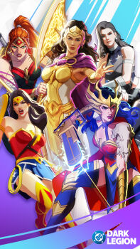 Rule 34 | 5girls, artemis of bana-mighdall, black hair, blue eyes, boots, brown hair, dc: dark legion, dc comics, donna troy, dress, gold bracer, green eyes, headpiece, highres, hippolyta (dc), lasso of truth, leotard, mature female, multiple girls, official art, orange hair, red leotard, sparkling clothes, strapless, strapless dress, strapless leotard, superhero costume, thigh boots, tiara, wonder woman, wonder woman (series)