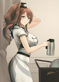 1girl belt breast_pocket breasts brown_hair coffee_pot cup dress grey_eyes hair_between_eyes hair_ornament high_side_ponytail highres kantai_collection large_breasts odachu pocket ponytail saratoga_(kancolle) saratoga_mk_ii_(kancolle) side_ponytail sidelocks smokestack smokestack_hair_ornament white_dress