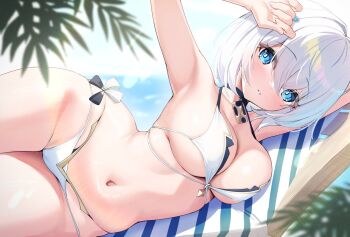 arm_up armpits azur_lane bikini blue_eyes blush breasts chair commentary_request date_a_live hair_between_eyes humo large_breasts leaf looking_at_viewer lounge_chair lying multi-strapped_bikini_bottom navel official_alternate_costume on_side outdoors parted_lips short_hair stomach swimsuit tobiichi_origami tobiichi_origami_(the_spirit_of_allure) water white_bikini white_hair