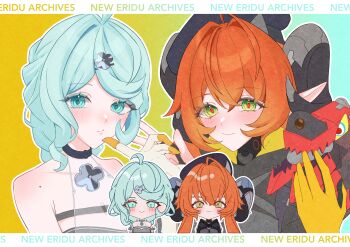 Rule 34 | 2girls, absurdres, ashimi fugo, bare shoulders, blue eyes, blue hair, blush, chibi, dragon girl, dragon horns, fingerless gloves, gloves, green eyes, hair ornament, hat, highres, horns, long hair, looking at viewer, magus (zenless zone zero), mechanical horns, mechanical tail, mole, mole on shoulder, multiple girls, orange hair, orange pupils, orphie magnusson, pointy ears, seed (zenless zone zero), smile, tail, twintails, two-tone background, white background, white gloves, yellow gloves, zenless zone zero