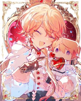 Rule 34 | 1boy, :d, blonde hair, blush, brown gloves, candy heart, chulixun1, closed eyes, crown, fork, gloves, gradient hair, happy, hashtag-only commentary, head tilt, highres, holding, holding fork, long sleeves, male focus, multicolored hair, open mouth, project sekai, smile, solo, tenma tsukasa, throne