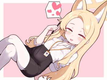 1girl :d absurdres alternate_costume animal_ear_fluff animal_ears arm_support black_shorts black_skirt blonde_hair blue_archive blush blush_stickers breasts collarbone collared_shirt commentary covered_erect_nipples covered_navel cross_halo crossed_legs extra_ears feet_out_of_frame fox_ears fox_girl gradient_eyes half-closed_eyes halo hand_up heart high-waist_shorts highres holding holding_pointer id_card knees lk149 loli long_hair long_sleeves looking_at_viewer multicolored_eyes no_bra no_tail open_mouth pantyhose pantyhose_under_shorts parted_bangs pencil_skirt pink_background pointer seia_(blue_archive) shirt shirt_tucked_in shorts sidelocks simple_background sitting skirt sleeves_rolled_up small_breasts smile solo speech_bubble spoken_heart thighs trinity_general_school_logo very_long_hair white_pantyhose white_shirt yellow_halo