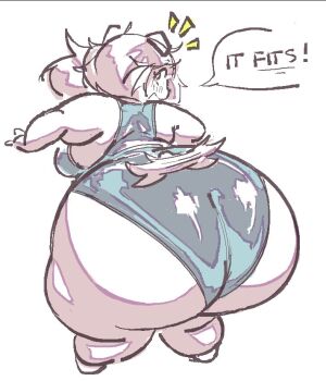 1girl ass barefoot blue_one-piece_swimsuit blush breasts dog_girl drawfag english_text fat floppy_ears from_behind furry furry_female hip_dips huge_ass huge_breasts long_hair obese one-piece_swimsuit original shiny_swimsuit simple_background smile solo speech_bubble surprised swimsuit tail tail_wagging thick_arms thick_thighs thighs wafer_(character) wide_hips