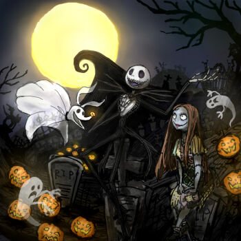 1girl 2boys chuchi formal_clothes grave jack_skellington jacket long_sleeves looking_at_viewer male_focus moon multiple_boys open_mouth pinstripe_pattern pinstripe_suit pumpkin sally_(nbc) skeleton smile stitches striped_clothes suit the_nightmare_before_christmas vest zero_(nbc)