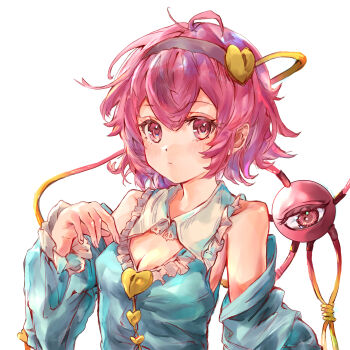 1girl absurdres blue_shirt blush breasts buttons cleavage cleavage_cutout closed_mouth clothing_cutout collared_shirt commentary detached_sleeves embellished_costume eyeball frilled_shirt_collar frills hair_ornament hairband heart heart_button heart_hair_ornament highres ikazuchi_akira komeiji_satori looking_at_viewer medium_hair pink_eyes pink_hair shirt simple_background solo third_eye touhou white_background