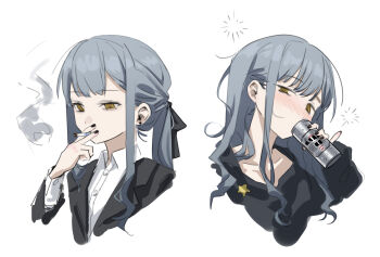 1girl absurdres bang_dream! bang_dream!_it's_mygo!!!!! beer_can black_hoodie black_jacket black_nails black_ribbon blue_hair blush can chinese_commentary cigarette collared_shirt commentary_request drink_can drunk earrings hair_ribbon highres holding holding_can hood hoodie jacket jewelry long_hair long_sleeves longshengyan multiple_views ribbon shirt simple_background smoking squeans stud_earrings togawa_sakiko two_side_up upper_body white_background white_shirt yellow_eyes