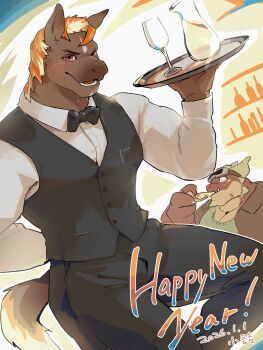 2boys animal_ears arm_behind_back bara black_bow black_bowtie black_pants black_vest blush bow bowtie brown_fur butler chinese_zodiac commentary_request cup dated drinking_glass eating fangs feet_out_of_frame food furry furry_male happy_halloween happy_new_year highres holding holding_food holding_pizza holding_tray horse_boy kozume_(kozumetako) large_pectorals looking_at_viewer male_focus multiple_boys muscular muscular_male new_year open_mouth orange_hair original pants pectorals pizza red_eyes scar scar_on_face shirt short_hair smile tail thick_thighs thighs tray tusks vest waiter white_shirt wine_glass