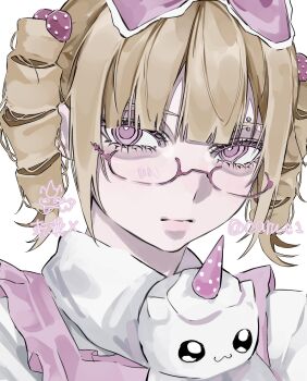 Rule 34 | 1girl, aegyo sal, blonde hair, bow, caru c1, closed mouth, commentary, drill hair, english commentary, eyebrow piercing, face piercing, glasses, gyaru, hair between eyes, hair bow, highres, hime gyaru, looking to the side, original, piercing, pink-framed eyewear, pink bow, pink eyes, portrait, semi-rimless eyewear, shirt, simple background, solo, stuffed unicorn, twin drills, white background, white shirt