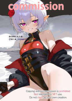 1girl bare_shoulders breasts commission highleg highleg_leotard highres itinana jacket leotard lock looking_at_viewer lying open_clothes open_jacket original padlock padlocked_collar pillow pointy_ears purple_eyes short_hair skeb_commission small_breasts smile solo white_hair