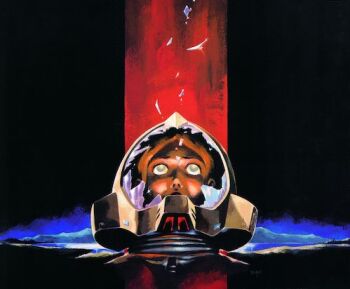 1girl astronaut bad_end bindi black_background damaged female_focus glowing green_eyes gundam helmet lalah_sune looking_up lowres mobile_suit_gundam official_art pilot_suit planet reflection retro_artstyle science_fiction solo space spacesuit straight-on traditional_media water yasuhiko_yoshikazu