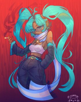 1girl 23katzumi absurdly_long_hair adapted_costume aqua_belt aqua_eyes aqua_hair argentina argentinian_flag argentinian_flag_print argentinian_miku belt black_pants black_sleeves breasts camisole cigarette cleavage commentary_request cowboy_shot dark-skinned_female dark_skin detached_sleeves ear_piercing eyebrow_piercing eyewear_on_head face_piercing flag_print hand_in_pocket hatsune_miku highres jewelry long_hair looking_at_viewer medium_breasts necklace nose_piercing pants piercing print_scarf red_nails ring scarf smoke solo sunglasses twintails twitter_username very_long_hair vocaloid white_camisole worldwide_miku